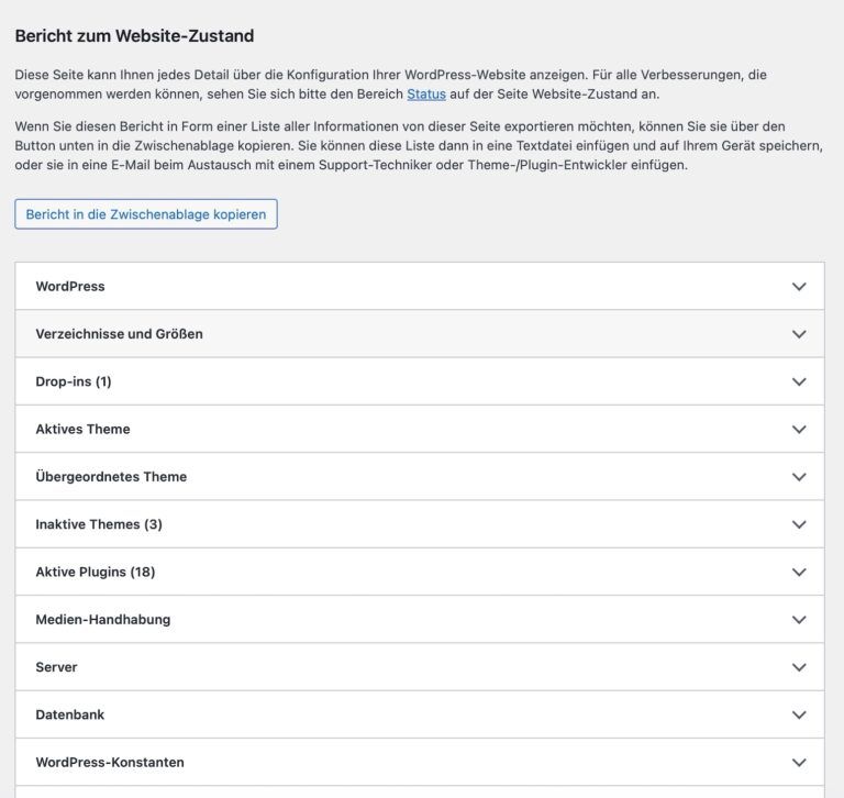 Im Bereich „Zustand der Website“ liefert WordPress eine Übersicht zu potenziellen Optimierungsmöglichkeiten – darunter auch Hinweise zur eingesetzten PHP-Version und deren Aktualität.